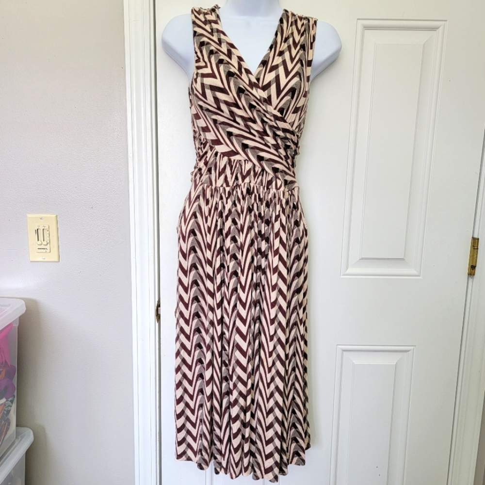 Plenty By Tracy Reese Brown Cream Chevron Striped Sleeveless Midi Dress Size S